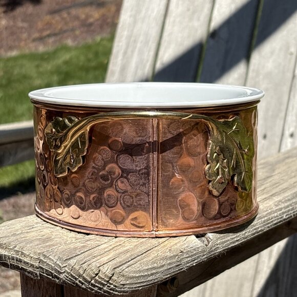 Ceramic Casserole Dish Solid Copper Holder & Brass Handles Small Dip Chafing - Picture 3 of 9